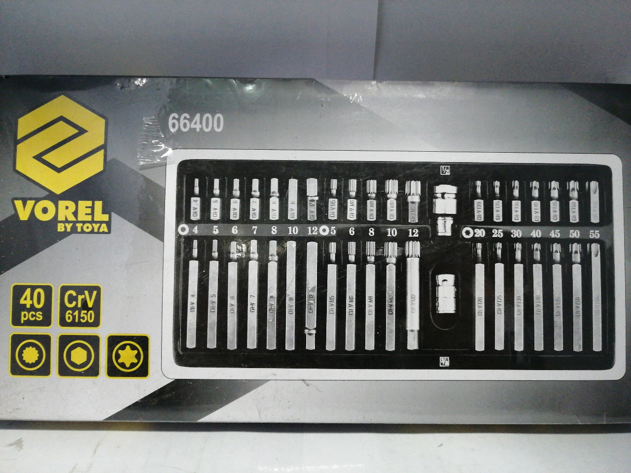 Купить запчасть VOREL - 66400 Набор бит 1/2 inch, 3/8 inch, 40 пр: HEX (6 гр.), SPLINE (12 гр.), TORX, в метал. боксе